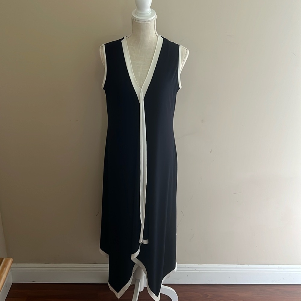 Joseph Ribkoff Navy Blue Knit Dress with White Trim Asymmetrical Hem Size: 10